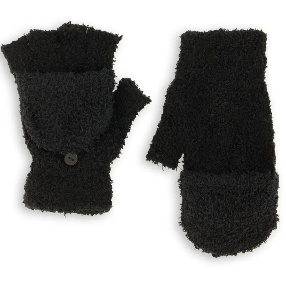 New Fashion Nova Fuzzy Flip Top‎ Gloves Mittens Black Button Winter Fingerless